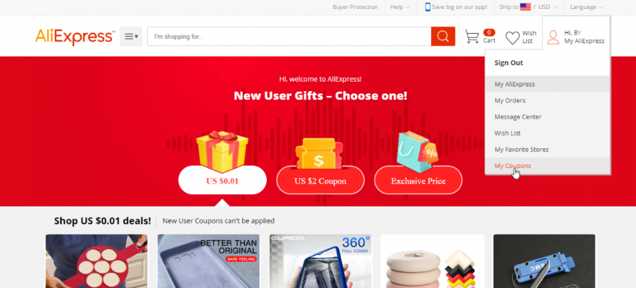 Aliexpress $100 coupon store for new user