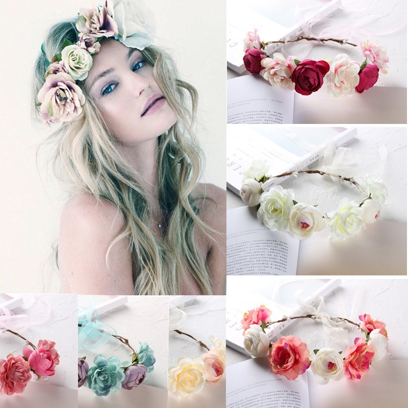 Rose Flower Garland Elastic Wreath Headband Wedding Hairband Bridal Headwear 
