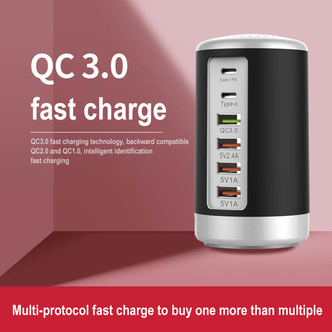 FLOVEME Multi Port USB Charger Hub QC3.0 65W USB Fast Charger Multi 6 Port Type C PD Charger Mobile Phone Charging Dock Station ► Photo 1/6