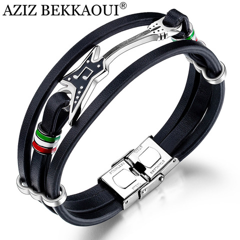 AZIZ BEKKAOUI Stainless Steel Guitar Bracelets Fashion Logo Leather Bracelet for Men Rope Bangle Music Fans Gift Dropshipping ► Photo 1/6