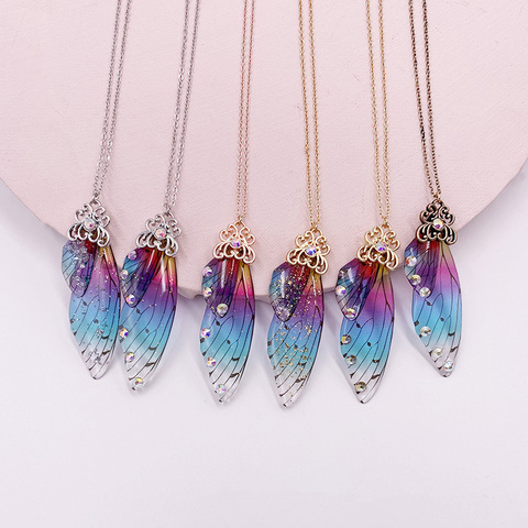 Handmade Fairy Rainbow Resin Butterfly Wing Pendant Necklaces for Women Girls Clear Shiny Rhinestones Flake Choker Necklace Gift ► Photo 1/6