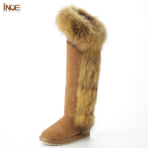 INOE real fox fur over the knee thigh suede long winter snow boots for women real sheepskin leather fur lined woman winter shoes ► Photo 1/6
