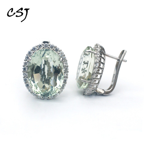 CSJ Big Stone 19.5ct Real Natural Green Amethyst Earring Sterling 925 Silver Oval 12*16mm Fine Jewelry For Women Lady Party Gift ► Photo 1/6