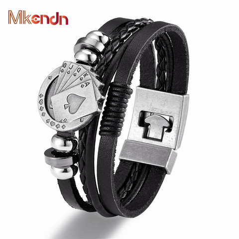 MKENDN Vintage Men's Wide Leather Bracelet Playing Cards Raja Vegas Skull Leaf Charm Multilayer Braided Women Pulseira ► Photo 1/6