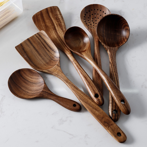7pcs/set Teak Natural Wood Tableware Spoon Ladle Turner Rice Colander Soup Skimmer Cooking Spoon Scoop Kitchen Reusable Tool Kit ► Photo 1/6