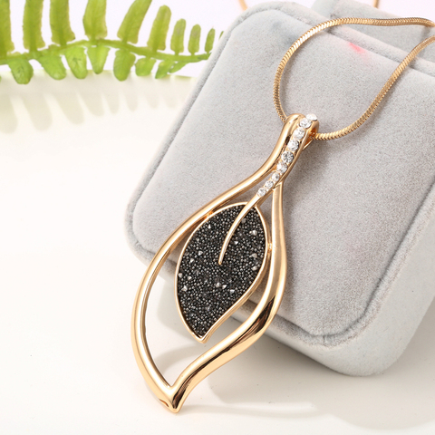 Trendy Women's Necklaces female Sweater Chain Long Necklace Fashion Jewelry Black Rhinestone Leaf Shape Pendant Necklace 2022 ► Photo 1/6