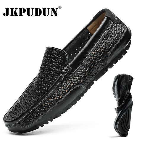 Summer Men Shoes Casual Luxury Brand Genuine Leather Mens Loafers Moccasins Italian Breathable Slip on Boat Shoes Black JKPUDUN ► Photo 1/6