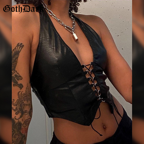 Goth Dark Grunge Pu Black Lace Up Gothic Halter Tops Punk Faux Leather Women Hollow Out Sexy Camis Fashion Streetwear Crop Tops ► Photo 1/6