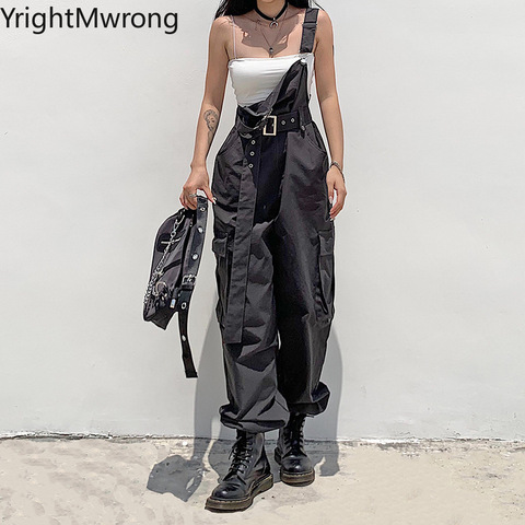 Side Cargo Pocket Techwear High Waist Belt Overalls Jogger Pant Women Streetwear Tracksuit Black Trouser Romper Workout Harem ► Photo 1/6