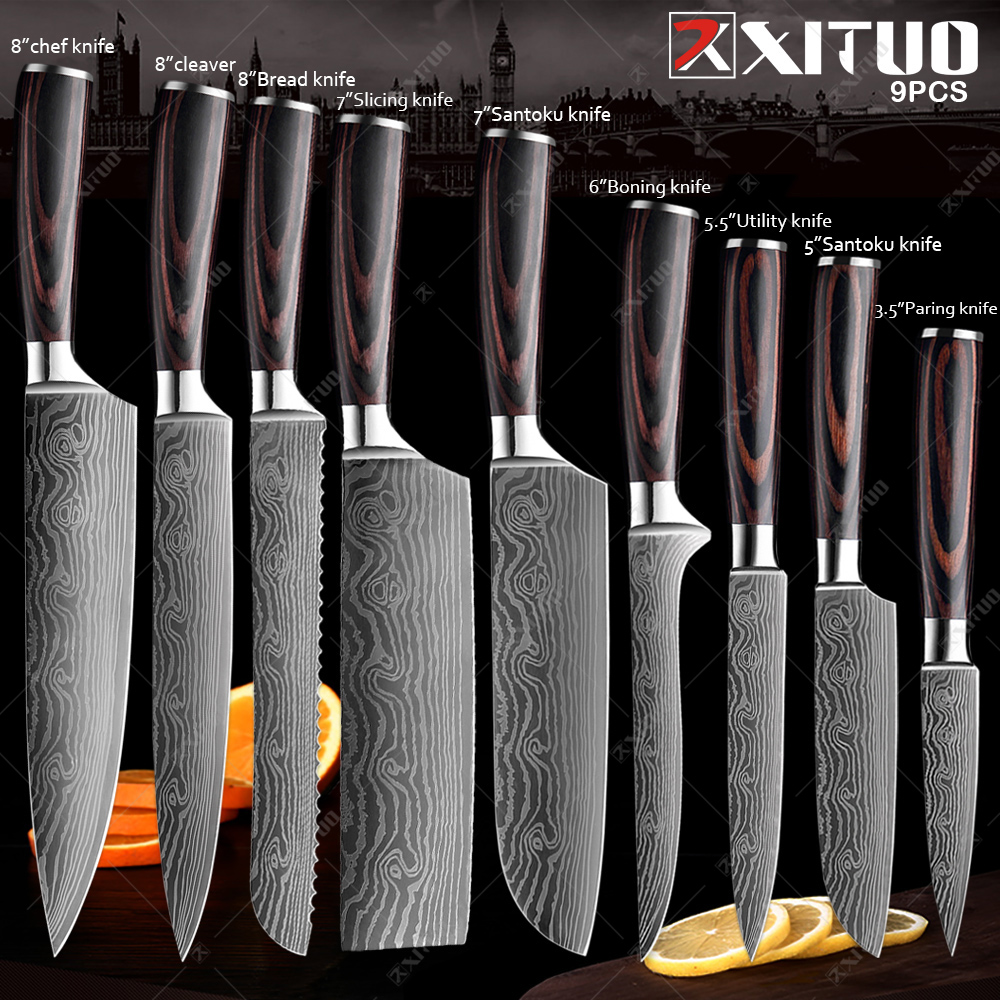 Xyj Cool Outdoor Knife Set Full Tang Stainless Steel Chef Santoku