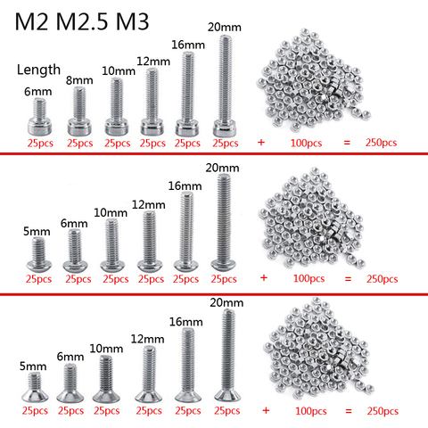 250pc/set A2 Stainless Steel M3 Cap/Button/Flat Head Screws Sets Phillips Hex Socket Bolt With Hex Nuts Assortment Kit Mayitr ► Photo 1/5