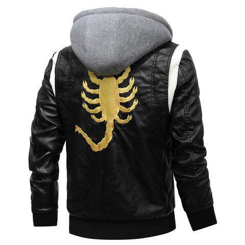2022 New Autumn Winter Leather Jacket Men Removable Hoodied Scorpion Embroidery Motorcycle Jacket Men Slim Leather Mens Jackets ► Photo 1/6