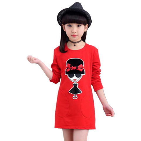 Kids Dresses For Girls Cartoon Patch Dress For Girls Dot Bow Party Dress Girl Spring Autumn Cute Girls Clothes 6 8 10 12 14 Year ► Photo 1/6