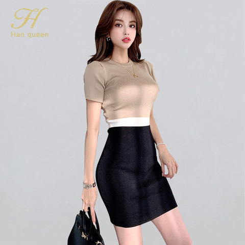 H Han Queen O-neck Colorblock Elegant Pencil Dress Women Simple Slim Elastic Knitted Sheath Bodycon Dresses Office Wear Vestidos ► Photo 1/6