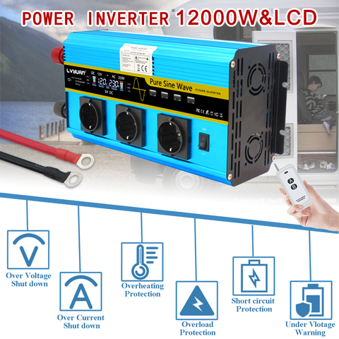 12000W pure sine wave inverter DC 12V to AC 220V 230V LCD voltage display solar power inverter EU socket wireless remote control ► Photo 1/6