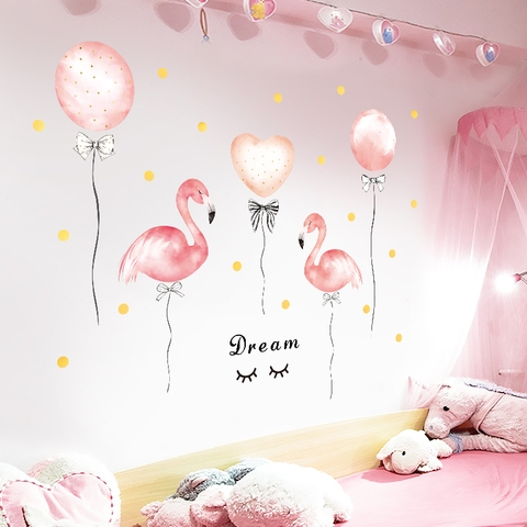 Pink Flamingo Balloon Wall Stickers for Girls room Kids room Bedroom Removable Vinyl Wall Decals PVC Self-adhesive Wall Mural ► Photo 1/6