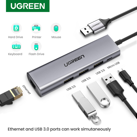 UGREEN USB Ethernet Adapter 10/100/1000 Mbps with 3 Ports USB 3.0 Hub