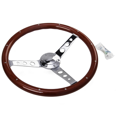 380mm 15 inch Stainless Steel Silver Spoke Wood Universal Car Steering Wheel For Classic Car ► Photo 1/6