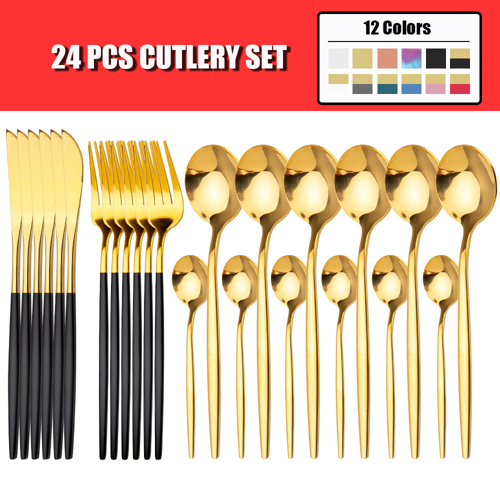 24pcs Tableware Gold Cutlery Set Dishes Dinnerware Set Knives Forks Spoons Model 