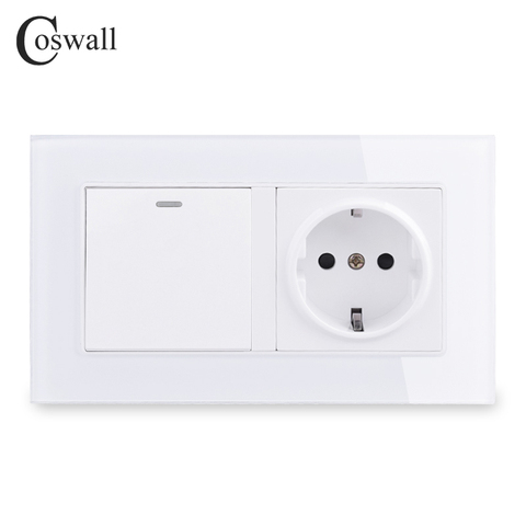 COSWALL Crystal Glass Frame Russia Spain EU Standard Wall Socket Grounded + 1 Gang 1 Way On / Off Light Switch 146*86mm ► Photo 1/4