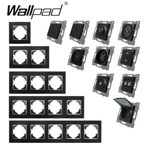 DIY EU Black Metal Frame Push Button Wall Light Switch Power Outlet Cap Ru French Fan Dimmer Data Cat6 USB Socket Wallpad L6 ► Photo 1/6
