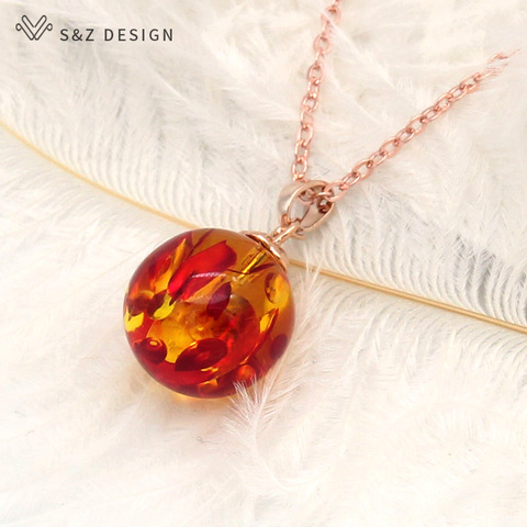 S&Z DESIGN Fashion Round Synthesis Ambers Pendant Necklace 585 Rose Gold For Women  Temperament Elegant Wedding Fine Jewelry ► Photo 1/6