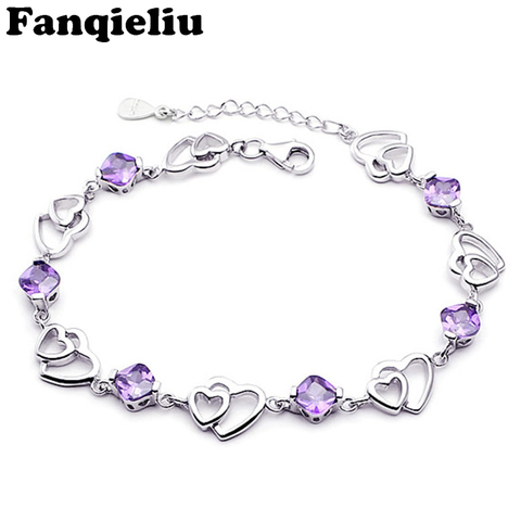 Fanqieliu Women Adjustable 925 Silver Bracelet For Women New Arrival Luxury Purple Crystal Heart Charm Bracelets FQL20F227 ► Photo 1/4