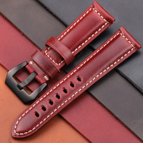 Genuine Leather Watchband Bracelet 20 22 24 26mm Women Men Oil Wax Cowhide Blue Green Red Brown Wach Band Strap Steel Buckle ► Photo 1/6