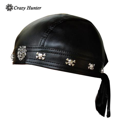 Faux Leather Biker Skull Cap Motorcycle Bandana Head Wrap Du Doo Do Rag Black Hat ► Photo 1/3