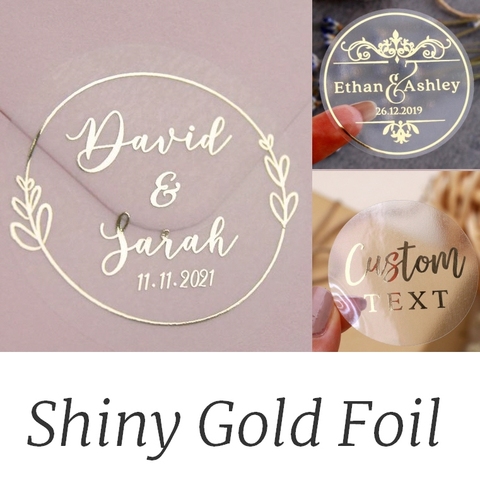 100 Pcs, Real Foil Shiny Gold Custom Stickers, Favors Labels, Transparent, Personalised Wedding Stickers ► Photo 1/6