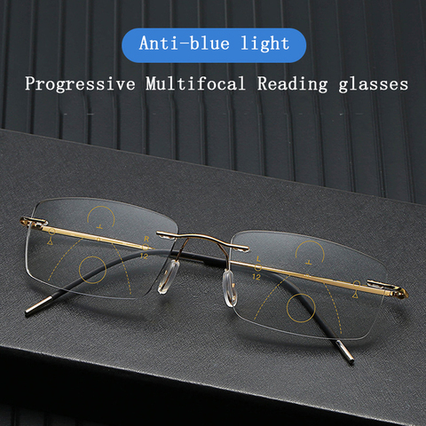 Ultralight Memory Titanium Rimless Progressive Reading Glasses Men&Women Anti Blue Rays multifocal Presbyopic Eyeglasses 1.5 2.5 ► Photo 1/6