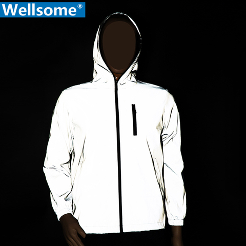 Plus Size Streetwear Noctilucent Men full reflective Windbreaker waterproof Jacket male High street hip hop Loose Hooded Coats ► Photo 1/6