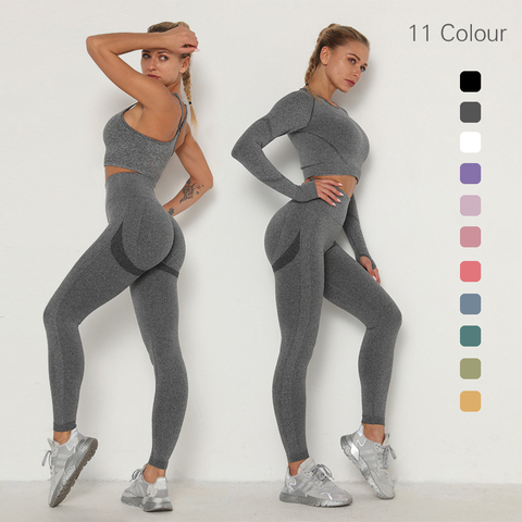 Women Yoga Suit Long Sleeve Crop Top+Tummy Control Leggings Workout Outfits  Sets 2 Piece Athletic Wear 5 Colors - AliExpress