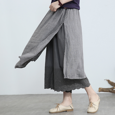 Women Pants Cotton Linen 2022 Spring Summer New Wide-legged Loose Fake Two Elastic Waist Hollow Out Fashion Women Trousers ► Photo 1/6