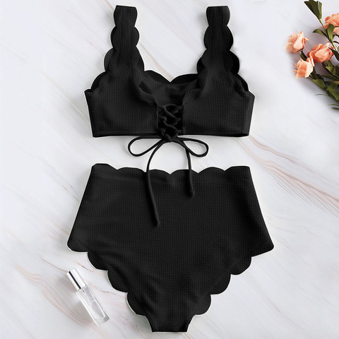 40# Women Black Push Up Bikinis Swimsuits Swimwear Scalloped Bathing Suit Women Solid Ribbed Biquini Bikini Set Bathers Biquíni ► Photo 1/6