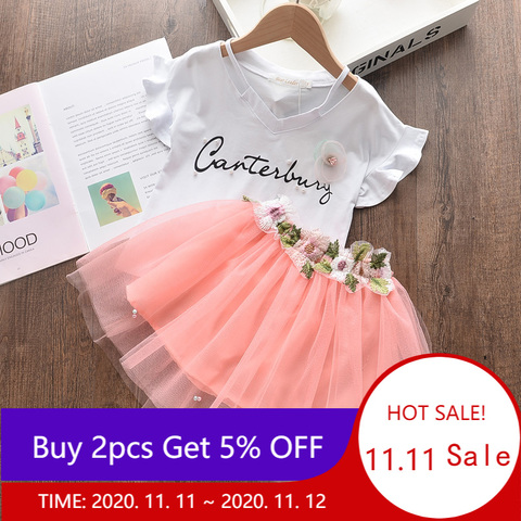 Kids Suits 2022 New Summer sleeves applique Clothes + Embroidery Pearl Mesh Dress Children Bubble Clothing Sets ► Photo 1/6