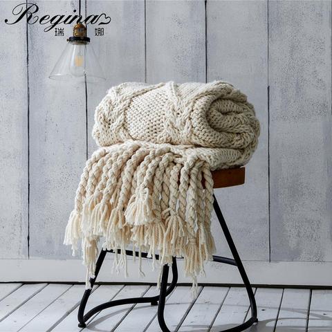 REGINA Chunky Knit Blanket Beige Soft Tassel Plaid Weight Blanket For Bed Home Decorative Sofa Throws Industrial Style Tapestry ► Photo 1/6