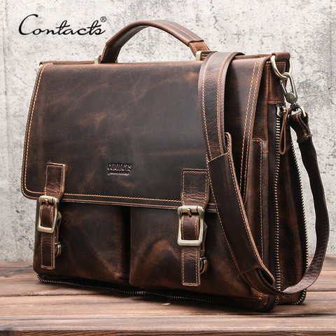 CONTACT'S Men Briefcase Bag Crazy Horse Leather Shoulder Messenger Bags Famous Brand Business Office Handbag for 14 inch Laptop ► Photo 1/6