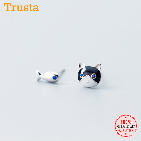 Trusta 100% 925 Solid Sterling Silver 2022 Women Fashion Cute Tiny Asymmetric Cat Fish Stud Earrings For Daughter Girls DS856 ► Photo 1/6