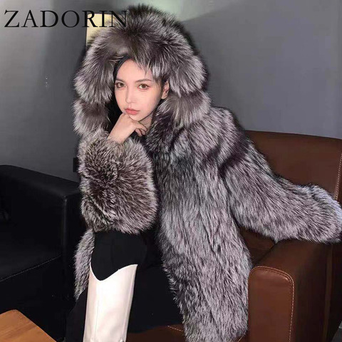 ZADORIN New Luxury Faux Silver Fox Fur Coat Women Hooded Front Zipper Furry Warm Winter Faux Fur Jacket Office Lady Fur Coats ► Photo 1/6