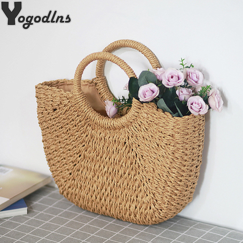 Summer Handmade Bags for Women Beach Weaving Ladies Straw Bag Wrapped Beach Bag Moon shaped Top Handle Handbags Totes ► Photo 1/6