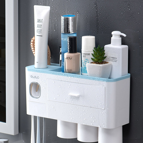 ONEUP New Toothbrush Holder Automatic Toothpaste Dispenser With Cup Wall  Mount Toiletries Storage Rack Bathroom Accessories Set