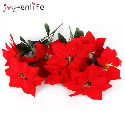 1pcs Real Touch Flannel Artificial Big Red Flowers Head Bouquet Christmas Red Poinsettia Bushes Bouquets Christmas Tree Ornament ► Photo 1/6