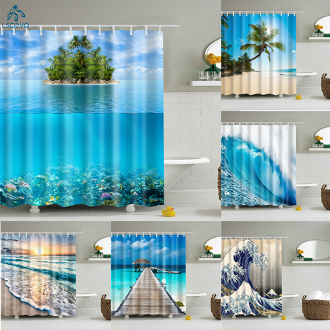 Seaside Sea Beach Sea Wave Coconut Tree Shower Curtains Bathroom Curtain Frabic Waterproof Polyester Bath Curtain with Hooks ► Photo 1/6