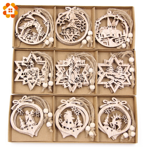 12PCS/Box Vintage Hollow Christmas Wooden Pendants Ornaments Christmas Party Decorations Christmas Tree Ornaments Hanging Gifts ► Photo 1/6