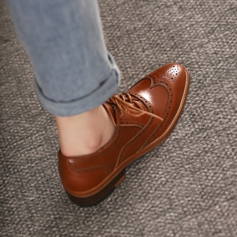 2022 New Spring/Autumn Women Shoes Oxford for Woman Genuine Leather Flats Brogues Vintage lace up Casual Brown Shoes for Girls ► Photo 1/6