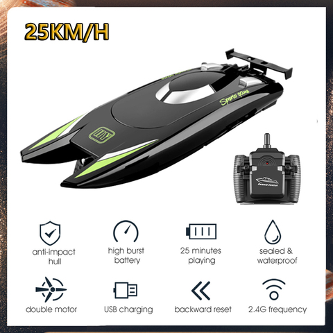 2.4G RC Boats 25KM/H High Speed Racing Boat 2 Channels Dual Motor Remote Control Boats for Kids Adult Racing Boat Silver Black ► Photo 1/6
