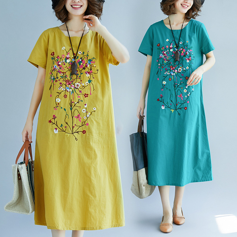 Embroidered Cotton Linen Summer Dress 2022 New Women Vintage Short Sleeve Pocket Dress Casual Loose Plus Size Floral Midi Dress ► Photo 1/6