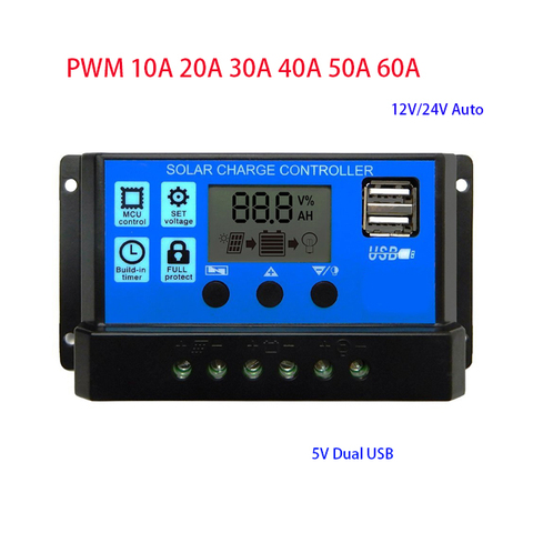 60A 50A 40A 30A 20A 10A 12V 24V Auto PWM Solar Charge Controller With LCD Dual USB 5V Output Solar Cell Panel Regulator PV Home ► Photo 1/6
