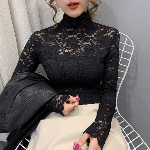 2022 Spring Autumn Women Sexy Blouse Female Half High Collar Bottoming Shirt Feminine Slim Lace Mesh Beauty Tops ► Photo 1/1